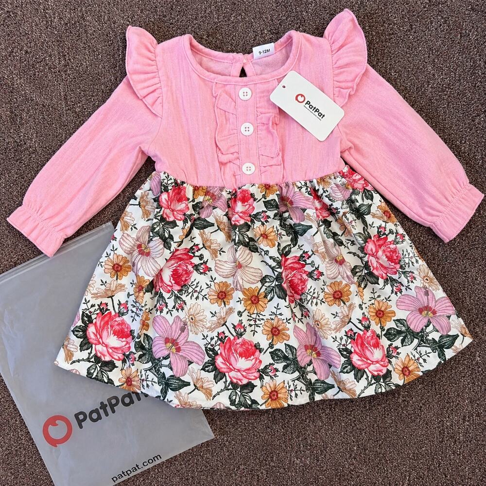 NWT PatPat Baby Girl Pink Floral Long Sleeve Dress | Size 9–12 Months